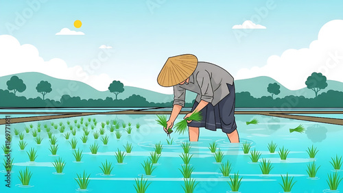 A farmer diligently planting rice seedlings in a lush paddy field under a clear sky, showcasing traditional agricultural practices