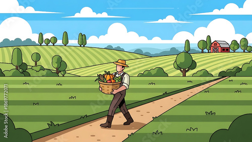 Farmer carrying a basket of freshly harvested organic vegetables through vibrant green fields, depicting a successful agricultural yield and healthy eating