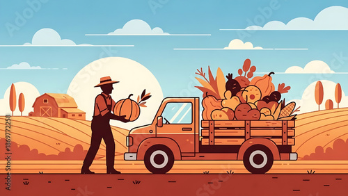 Farmer loading a truck with fresh harvest on a sunny day in a rural landscape
