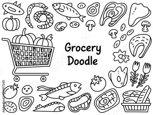 Grocery Doodle Illustration with Cartoon Food and Shopping Cart