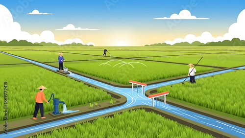 Illustration of an Asian rural landscape with farmers cultivating green rice paddy fields, featuring a detailed traditional irrigation system and sunlit horizon