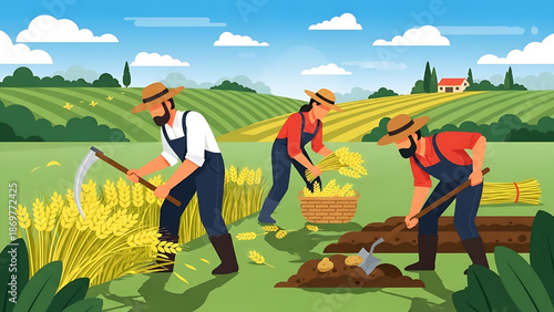 Vibrant illustration of farmers harvesting various crops like wheat, corn, and potatoes in a sunny rural field, depicting traditional agricultural practices and farm life with teamwork
