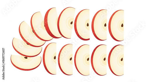 Fresh sliced apples arranged in rows on white background