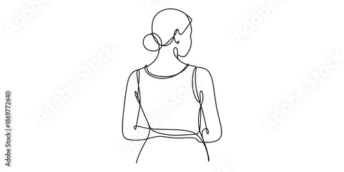 Minimalist continuous line art drawing of a woman seen from behind with a hair bun