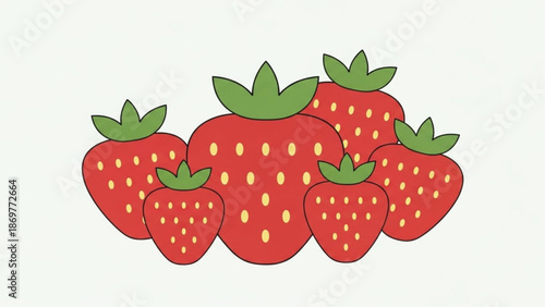Vibrant cartoon strawberries with green leaves on white background