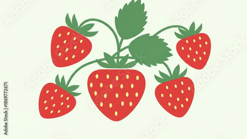 Vibrant strawberries on green stem with lush leaves illustration