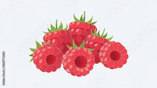 Fresh raspberries with green leaves on white background
