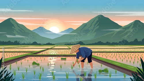 Farmer planting rice in a beautiful rice paddy field at sunset