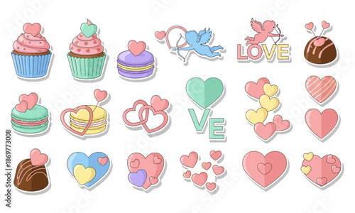 A collection of Valentine's Day themed illustrations featuring cupcakes, hearts, chocolates, and romantic symbols like cupids.