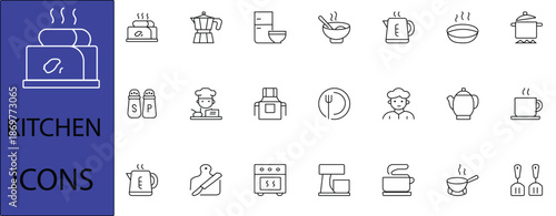 Kitchen utensils icon set. Containing cutlery, spatula, frying pan, knife, spoon, fork, saucepan, bowl, plate, ladle, grater measuring spoons and more. Vector solid icons collection,Editable...
