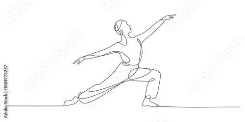 Continuous line drawing of a dancer in an elegant and dynamic lunge pose