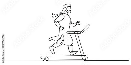 An arab man wearing traditional attire is actively running on a treadmill for exercise