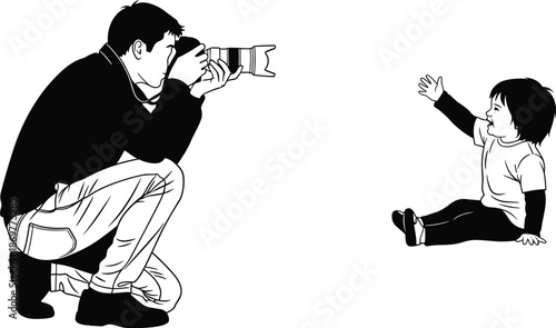 Professional photographer taking portrait photo of happy small child sitting on ground vector illustration for family photography and studio session