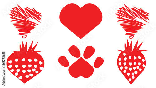 Red hearts and strawberries with paw print on white