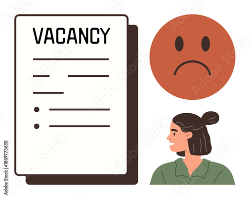 Employment search, job application, workforce recruitment, career opportunities, unemployment, hiring process. Vacancy document with sad face and woman looking at it. Employment search and job