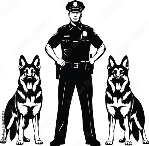 Police officer in uniform standing with two German Shepherd K9 service dogs black and white vector illustration for law enforcement