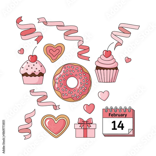 A collection of Valentine's Day themed treats and decorations, including cupcakes, cookies, a donut, a gift box, and a calendar.