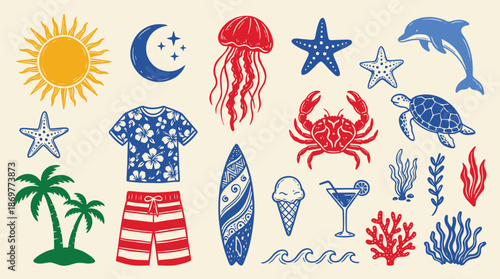 Beach Boho Vintage Icon Set, Hand Drawn Tropical Symbols with Palm Tree, Sun, Sea, Seashells, Coral, Crab, Turtle, Whale, Cocktail and Ice Cream in Naive Groovy Style