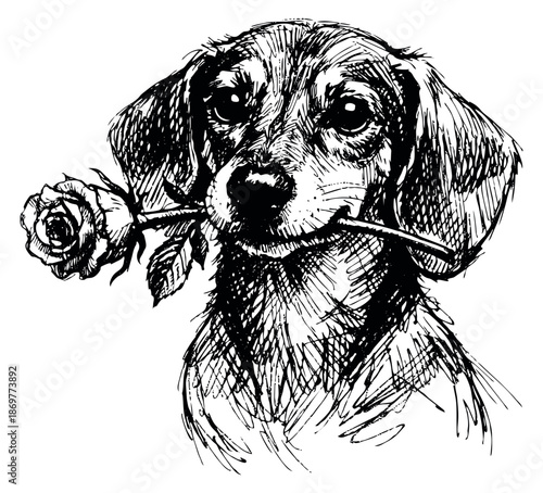 Hand drawn line art illustration of a dog depicting holding a rose for valentine's day