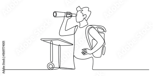 Adventurous man with a backpack peers through a monocular, contemplating future discoveries