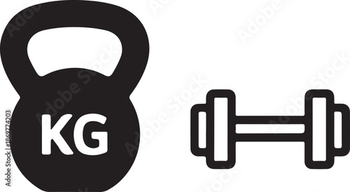 Black and white graphic depiction of a kettlebell and a pair of dumbbells for fitness