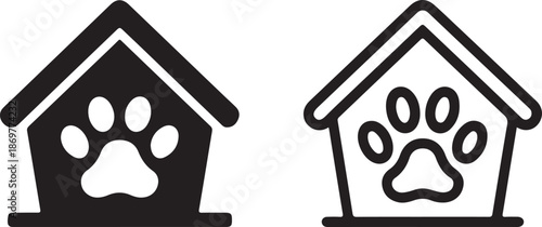 Simple black and white illustration of two dog houses with paw print details