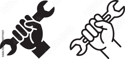 A hand firmly gripping a wrench depicted in both solid and outline styles