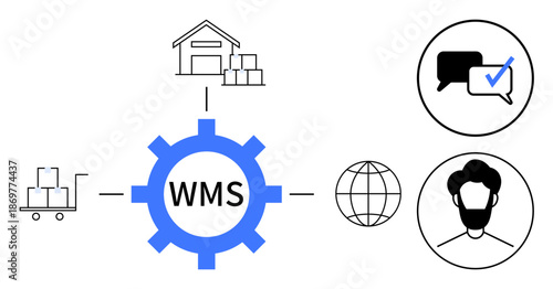 Gear labeled WMS connects to warehouse, package on trolley, globe, speech bubble with checkmark, user profile. Ideal for logistics, inventory management, team communication, global trade workflow