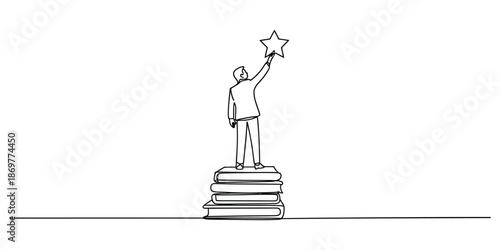 Man standing on books reaching for a star, continuous line drawing