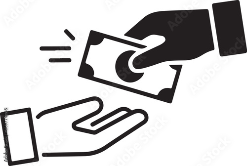 A simple black and white illustration depicts a hand exchanging money with another hand