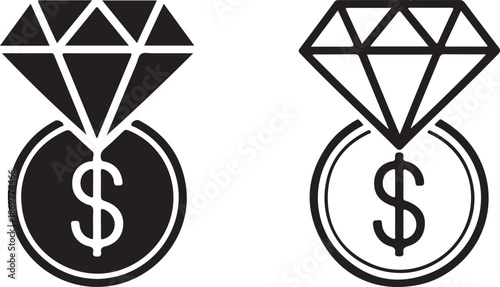 Black and white illustration featuring two diamond shapes with a dollar sign inside a circle