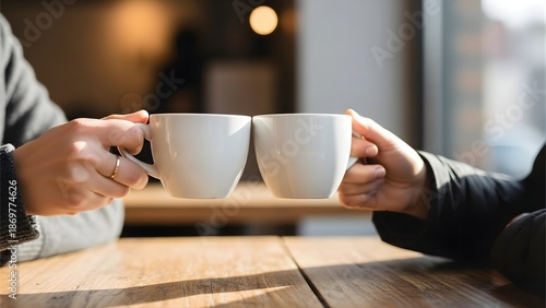 Two hands holding coffee cups in a cafe setting, symbolizing connection and shared moments over a warm beverage