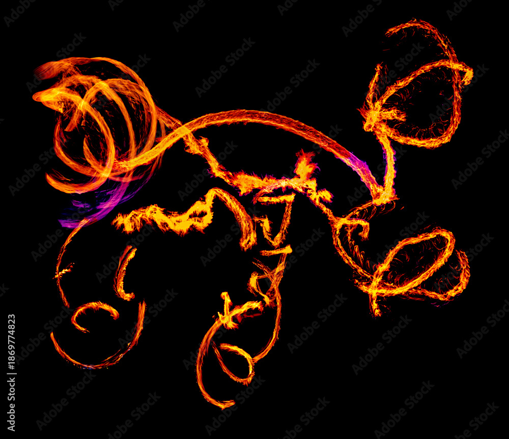 Naklejka premium a long-exposure photograph of a fire performance, where a skilled performer spins flaming props like poi to create mesmerizing light trails and intricate patterns against the dark background