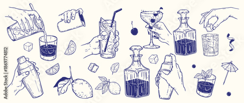 Cocktail Doodle Icon Set, Hand Drawn Vector Bartender Hand Illustration with Shaker and Drink Making Tools, Alcohol Beverage Glasses for Summer Party Menu Design