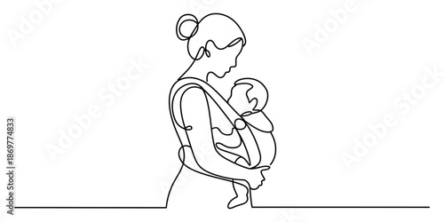 Mother carrying baby in sling one line continuous drawing art