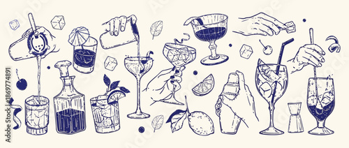 Cocktail Doodle Icon Set, Hand Drawn Vector Bartender Hand Illustration with Shaker and Drink Making Tools, Alcohol Beverage Glasses for Summer Party Menu Design