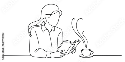 Woman reading a book with a cup of coffee, continuous line art