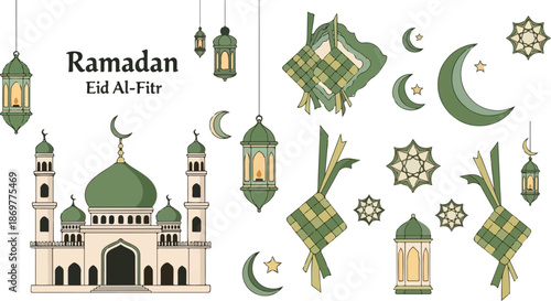 Ramadan and Eid Al-Fitr Elements Collection with Mosque, Ketupat, and Lanterns in Flat Design Style