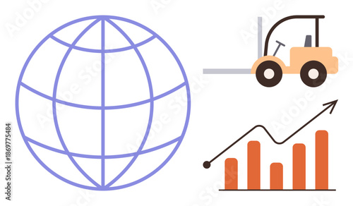 International commerce, logistics, supply chain, trade, business growth, market trends. Globe s global trade, forklift indicates logistics graph growth. Logistics and trade concept