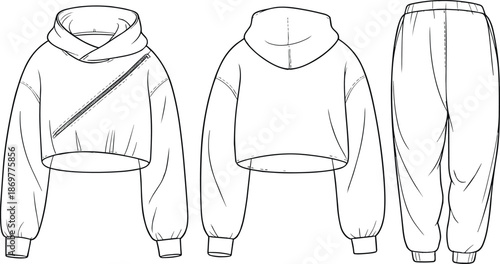 CAD drawing flat vector illustration of cropped hoodie with side zipper and jogger pants, fashion front and back technical sketch