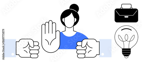Conflict resolution, teamwork challenges, idea generation, professional boundaries, workplace dynamics, brainstorming. Woman gesturing stop, hands lightbulb and briefcase. Conflict resolution