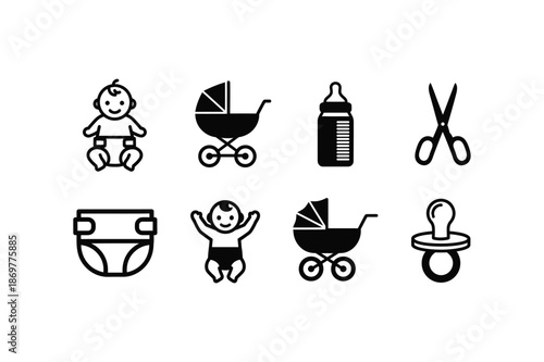 Baby care items and silhouette of infant stroller and more