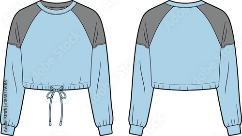 CAD drawing flat vector illustration of cropped sweatshirt with raglan sleeves, drawstring waist, fashion template, stylish apparel, front back view