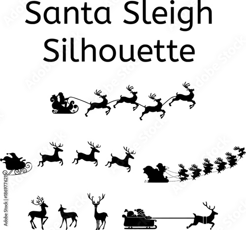santa claus sleigh and reindeer silhouette vector set for christmas design