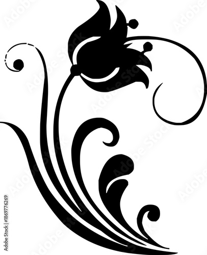 floral tulip silhouette vector ornament with elegant vine swirls
