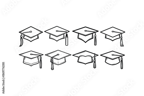 Graduation caps in a row silhouette