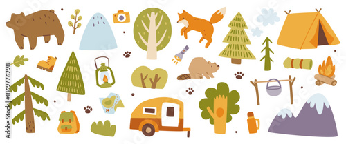 Forest camping set. Cute woodland camp collection. Forest adventure bundle.