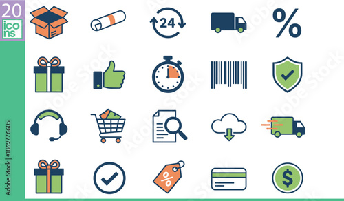 Ecommerce icons collection for delivery, logistics, shopping, customer support, discount, barcode, payment, fast shipping, retail, secure transaction, online service, vector illustration