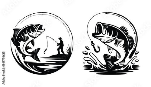 Vintage style fishing emblem, Leaping bass fisherman silhouette, Bass fishing used for logos or graphic designs