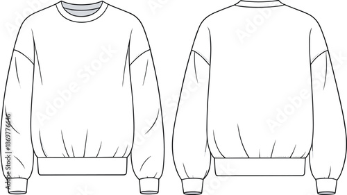 Cad drawing flat vector illustration of oversized crew neck sweatshirt, fashion technical sketch front and back view with ribbed cuffs